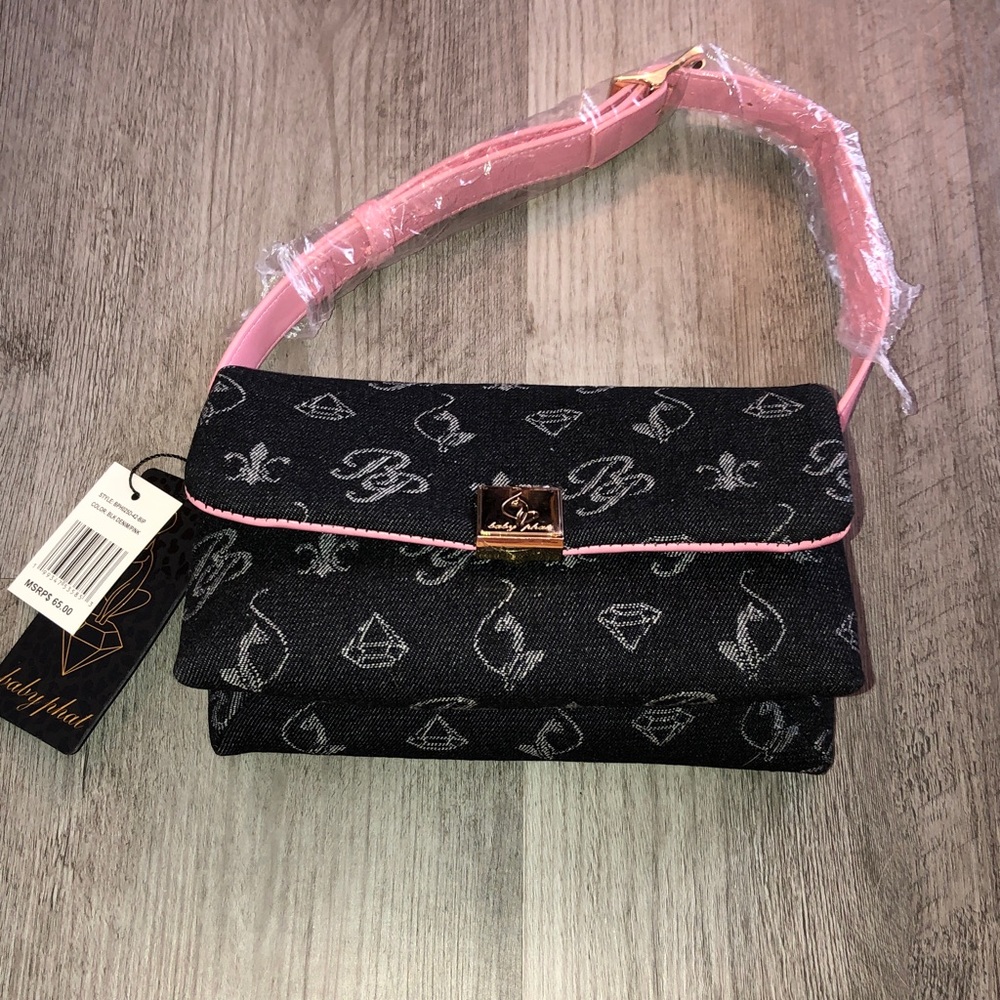 Baby Phat Black Denim & Pink With Monogram Print Flap Shoulder Bag NWT - Picture 3 of 16